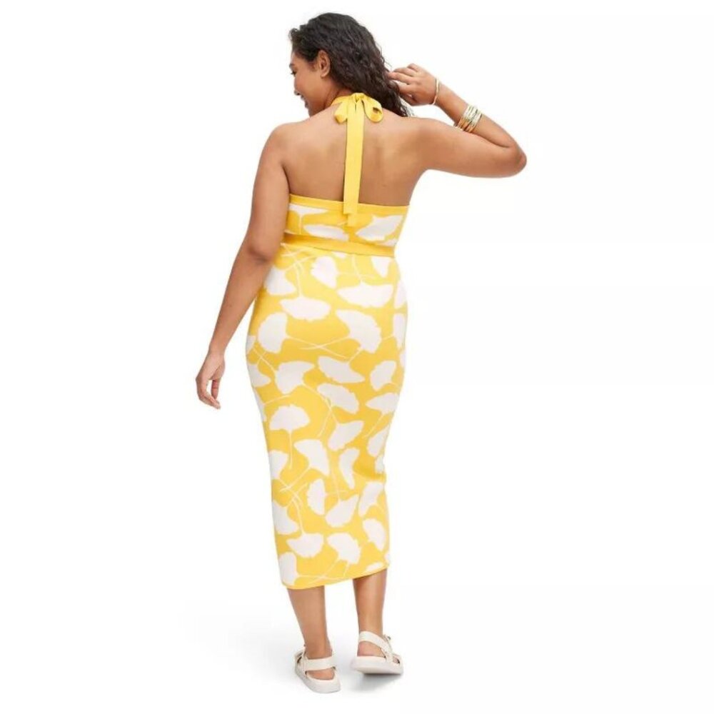 DVF Yellow Dress Halter Tie Neck Ginkgo Yellow Sweaterknit Midi Dress - NWT - Picture 4 of 7